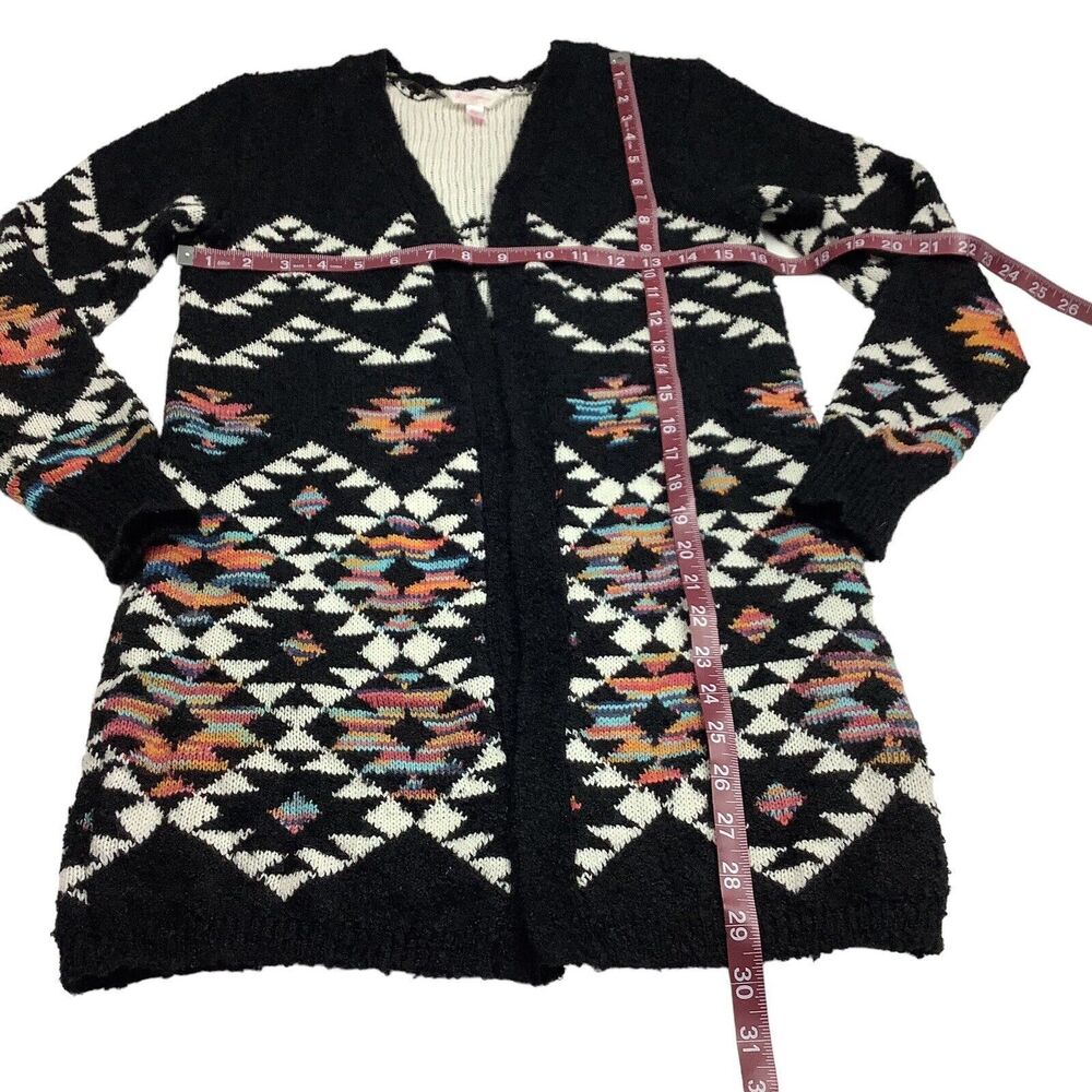 Long Aztec Western Open Front Cardigan Sweater Girls Jr M Women XS S Black Knit - Picture 8 of 15